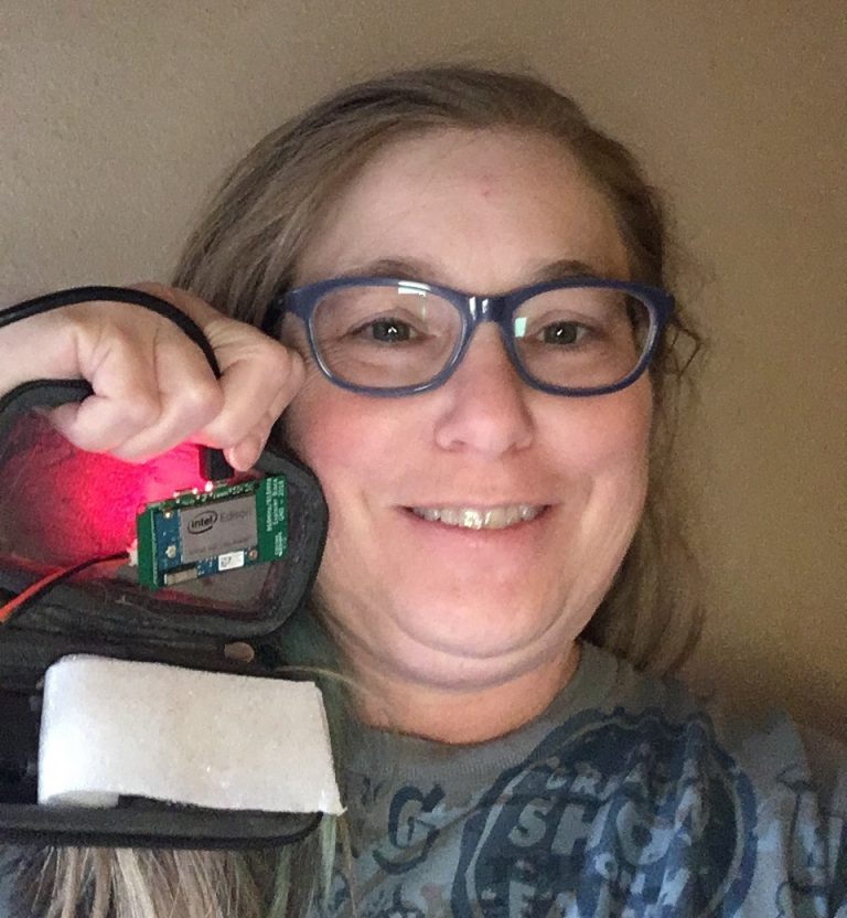 Terri Flynn of Arizona shows off the home-made rig that regulates her blood-sugar and insulin levels according to her specifications. (Photo courtesy Terri Flynn.)