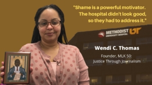 Journalist Wendi Thomas She is pictured in front of an image of the hospital, with a quote saying says the hospital was shamed into changing its practices.