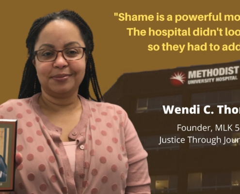 Journalist Wendi Thomas She is pictured in front of an image of the hospital, with a quote saying says the hospital was shamed into changing its practices.
