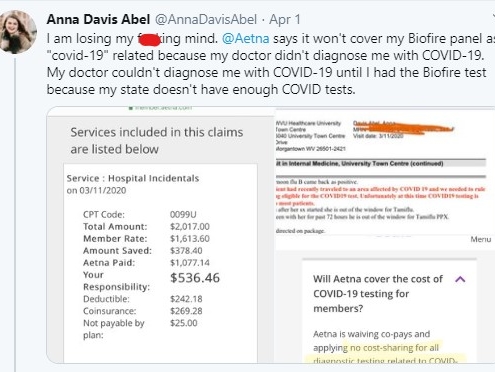 Anna Davis Abel's tweet about her experience with Aetna, which went viral.