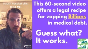 Inset: guy with mustache, captioned "I crush medical bills. TEST ME." Plus the heading: "This 60-second video offers a legal recipe for zapping billions in medical debt. Guess what? It works."
