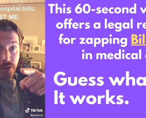 Inset: guy with mustache, captioned "I crush medical bills. TEST ME." Plus the heading: "This 60-second video offers a legal recipe for zapping billions in medical debt. Guess what? It works."