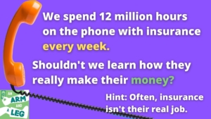 Image of old-fashioned phone receiver, plus text: "We spend 12 million hours on the phone with insurance *every week.* Shouldn't we learn how they really make their money? Hint: Often, insurance isn't their real job.