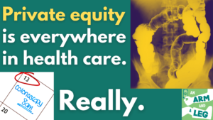\graphic that reads "Private equity is everywhere. Really." Photographs on green background include a scan of a human abdomen and a calendar with the word 'colonoscopy' inscribed.\
