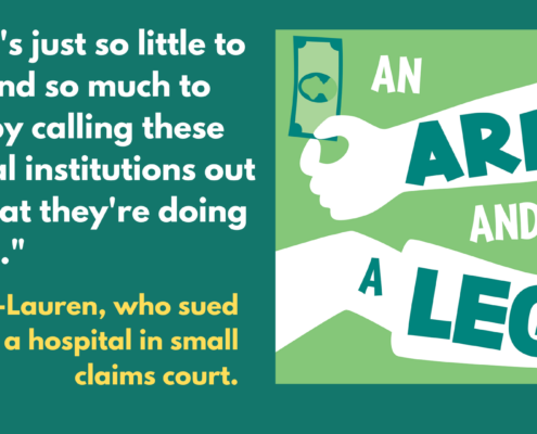 White and yellow words on green background. "There's just so little to lose, and so much to gain, by calling these medical institutions out for what they're doing wrong. - Lauren, who sued a hospital in small claims court."