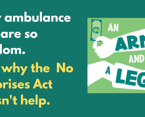 White and yellow text on green background that reads "Why ambulance bills are so random. And why the No Surprises Act doesn't help."