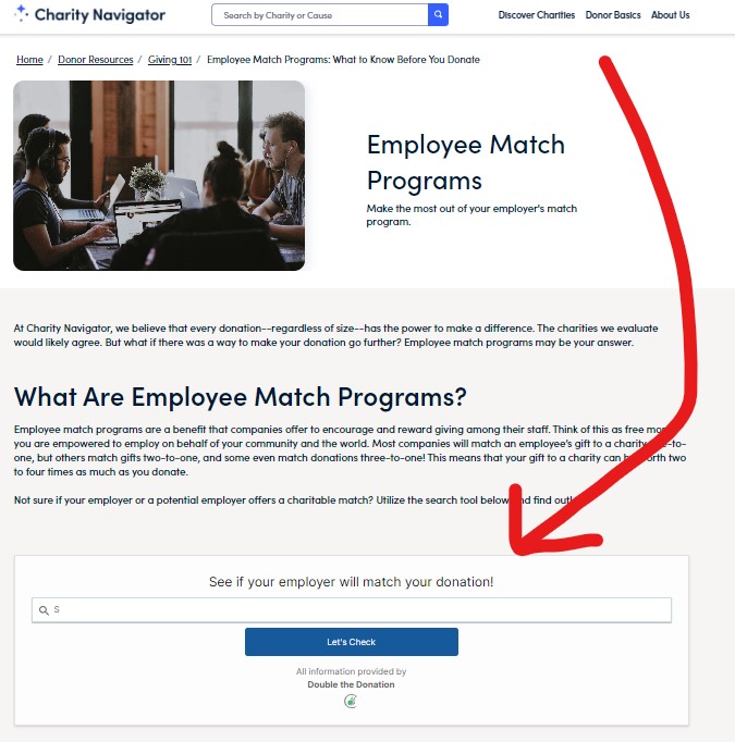 A screenshot from the Charity Navigator website, with an arrow pointing to the "Will your employer match your donation?" search box