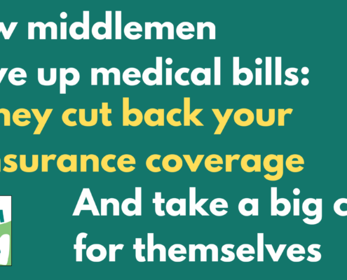 White and yellow text on green background: How middlemen drive up medical bills: they cut back your insurance coverage and take a big cut themselves.
