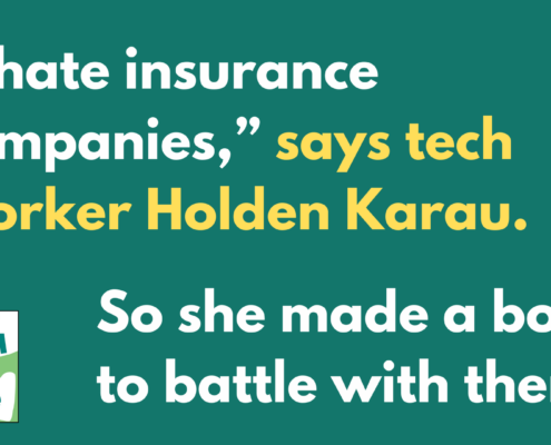 Yellow and white text on green background that reads: "I hate insurance companies," says tech worker Holden Karau. So she made a bot to battle with them.