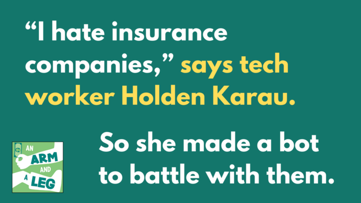 Yellow and white text on green background that reads: "I hate insurance companies," says tech worker Holden Karau. So she made a bot to battle with them.