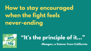 Yellow and white text on green background. The text says "How to stay encouraged when the fight feels never ending." and "It's the principle of it," says Meagan, a listener from California