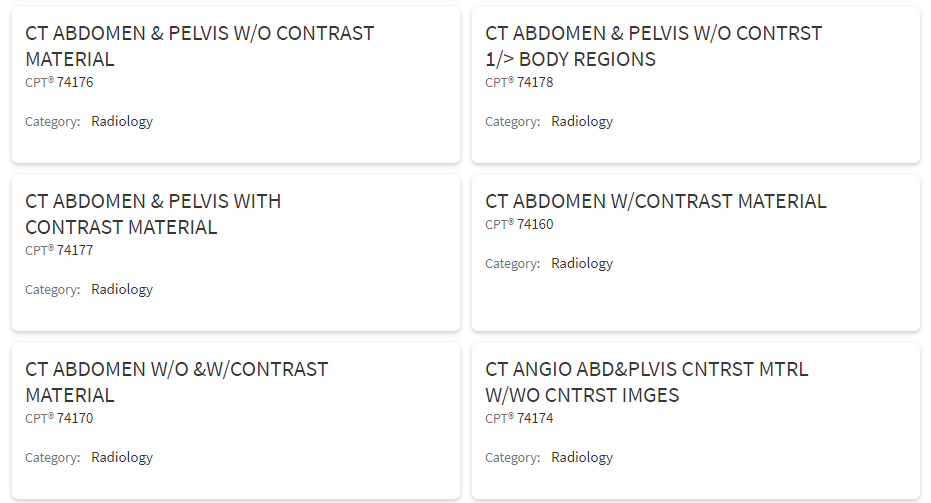 A photo of six boxes with different CPT codes and titles for different types of a CT scan of the abdomen.