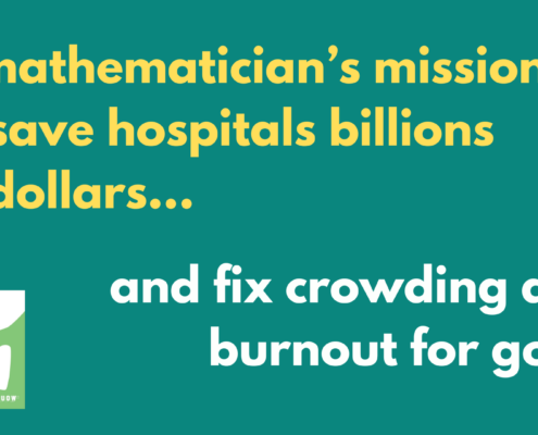 Yellow and white text on green background that reads "A mathematician's mission to save hospitals billions of dollars and fix crowding and burnout for good"