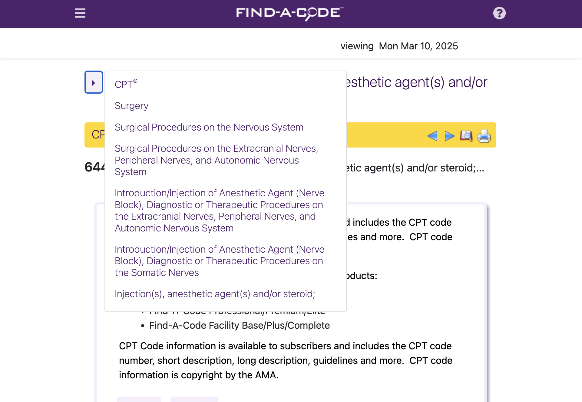 A webpage screenshot with a drop-down menu listing options for what CPT Code 64415 could be. The top line reads "surgical procedures on the nervous system."
