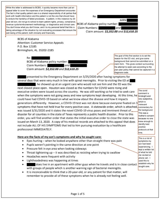 Image of first page of a letter appealing insurance denial. Click to download PDF